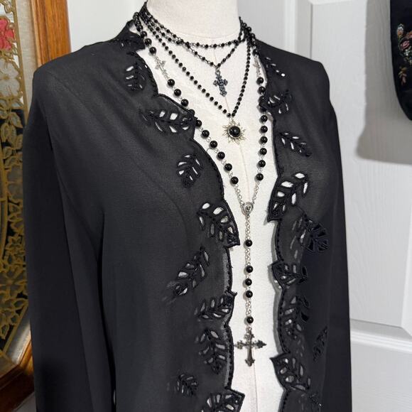 VTG Y2K G Studio Black Sheer Mesh Beaded Leaf Cut Out Long Sleeve Light Cardigan - Picture 2 of 7